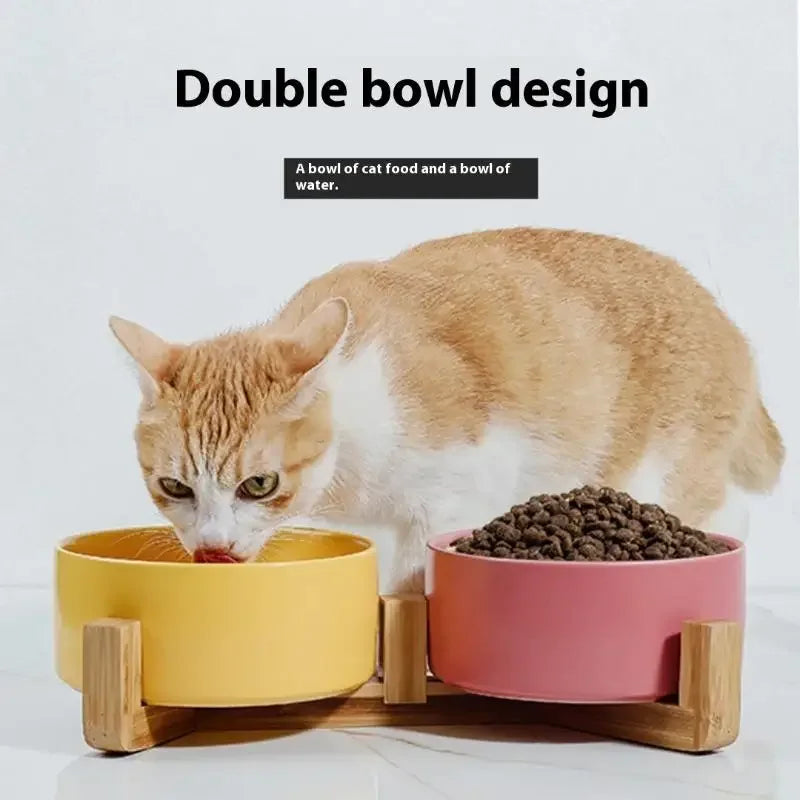 Ceramic Elevated Pet Bowl with Bamboo Stand