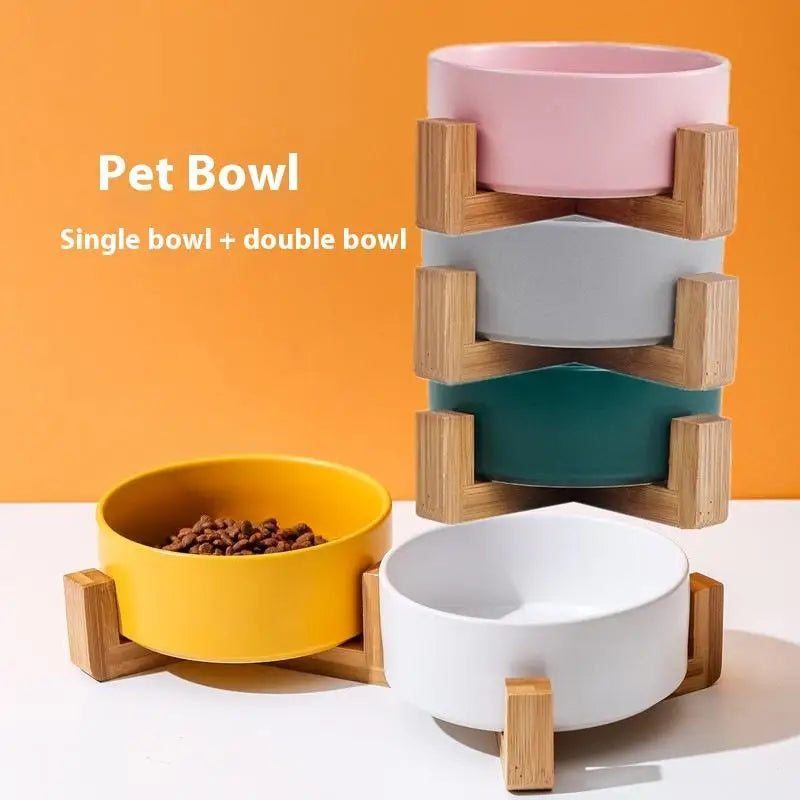 Ceramic Elevated Pet Bowl with Bamboo Stand