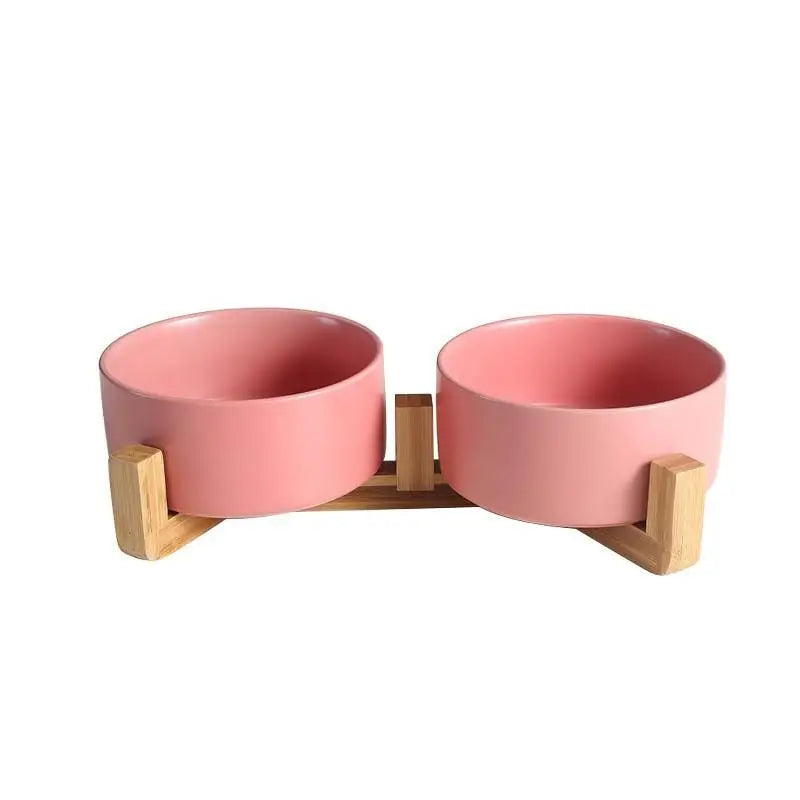 Ceramic Elevated Pet Bowl with Bamboo Stand