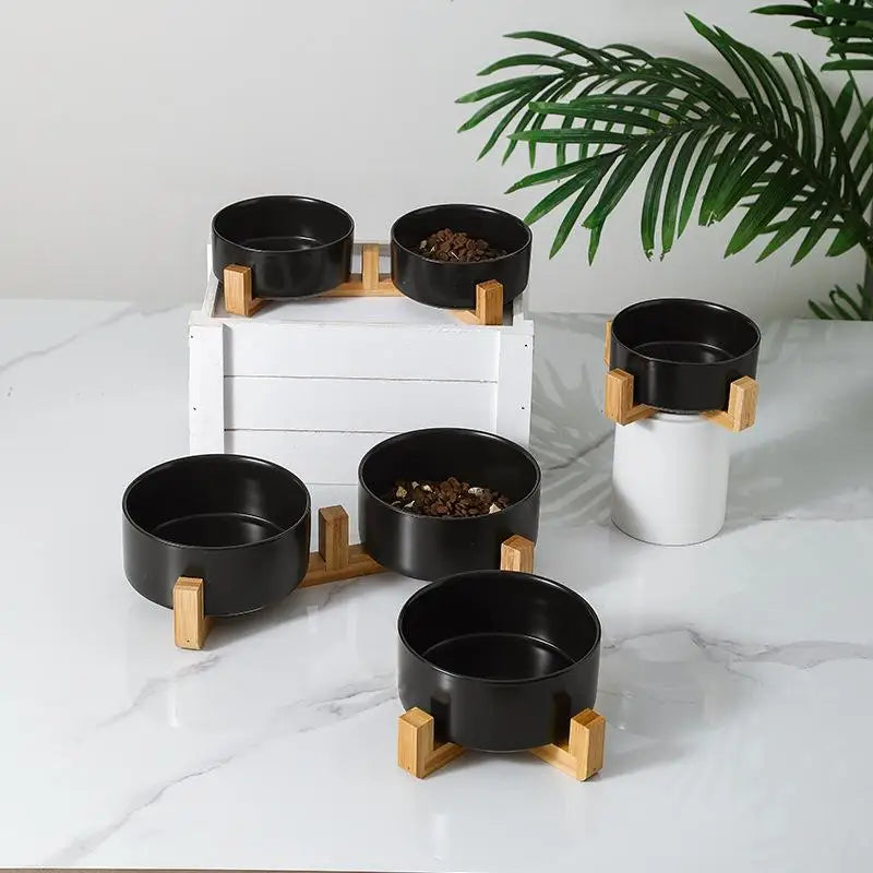 Ceramic Elevated Pet Bowl with Bamboo Stand